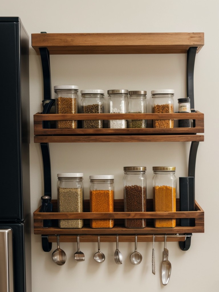 Clever kitchen organization ideas for small apartments, including DIY magnetic spice racks, hanging pot racks, and stackable containers.