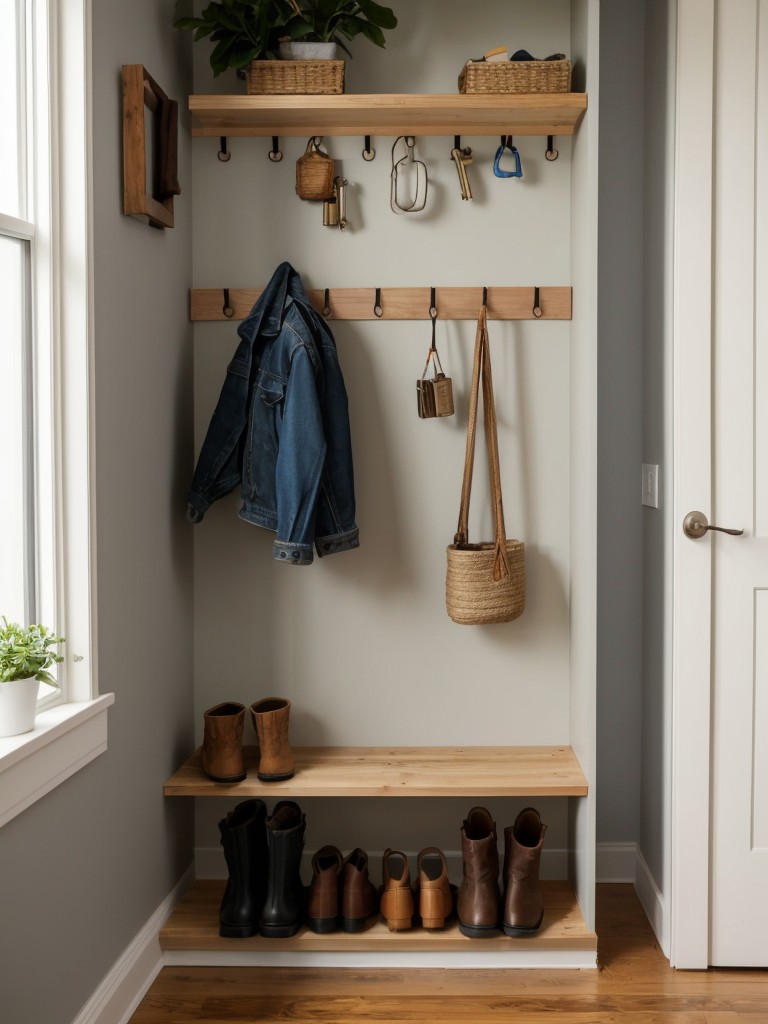 Creative DIY entryway organization solutions for small apartments, featuring hooks, shoe racks, and wall-mounted key holders.