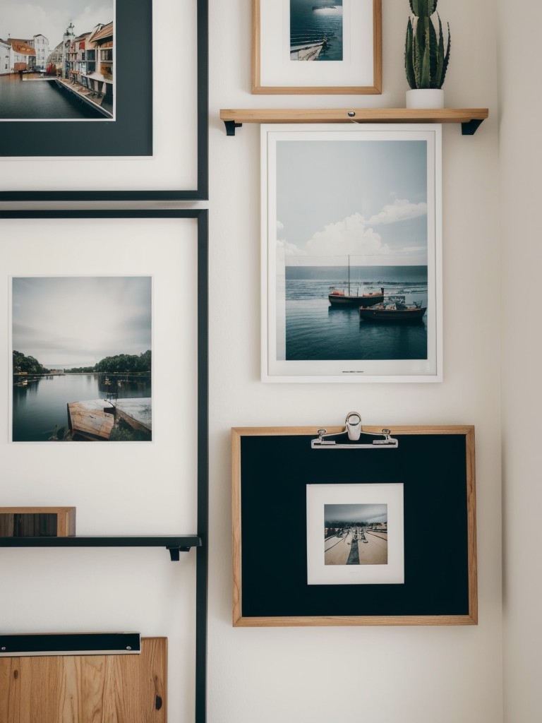 DIY art display ideas for small apartments, showcasing artwork with gallery walls, floating shelves, and clipboards.