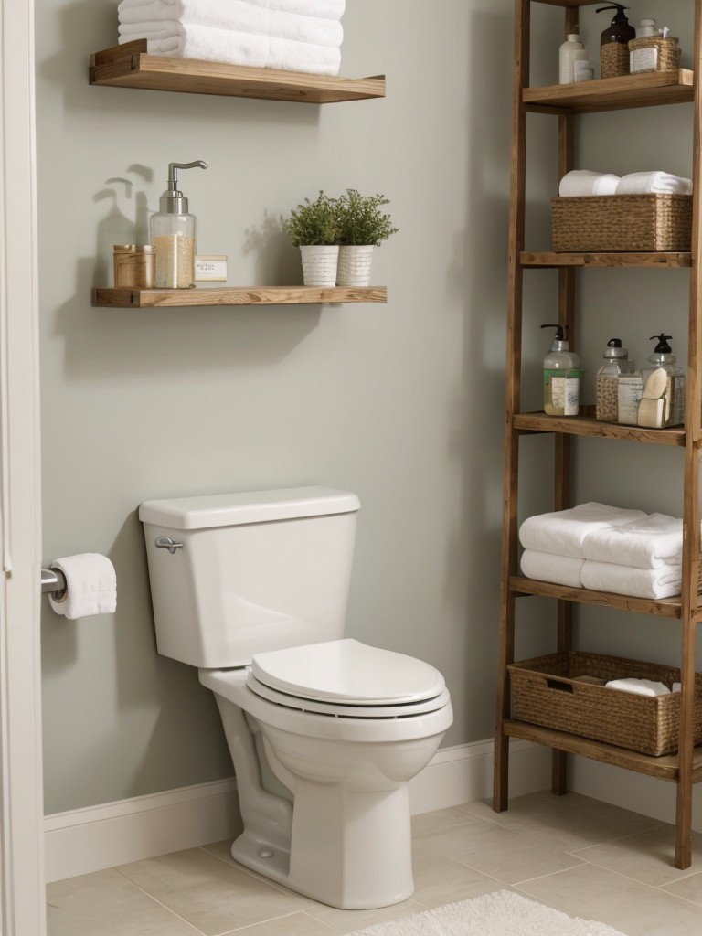 DIY bathroom shelving ideas for small apartments, utilizing floating shelves, ladder shelves, and over-the-toilet storage units.