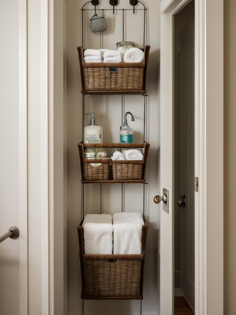 DIY bathroom storage ideas for small apartments, like using hanging baskets, tiered organizers, and over-the-door hooks.