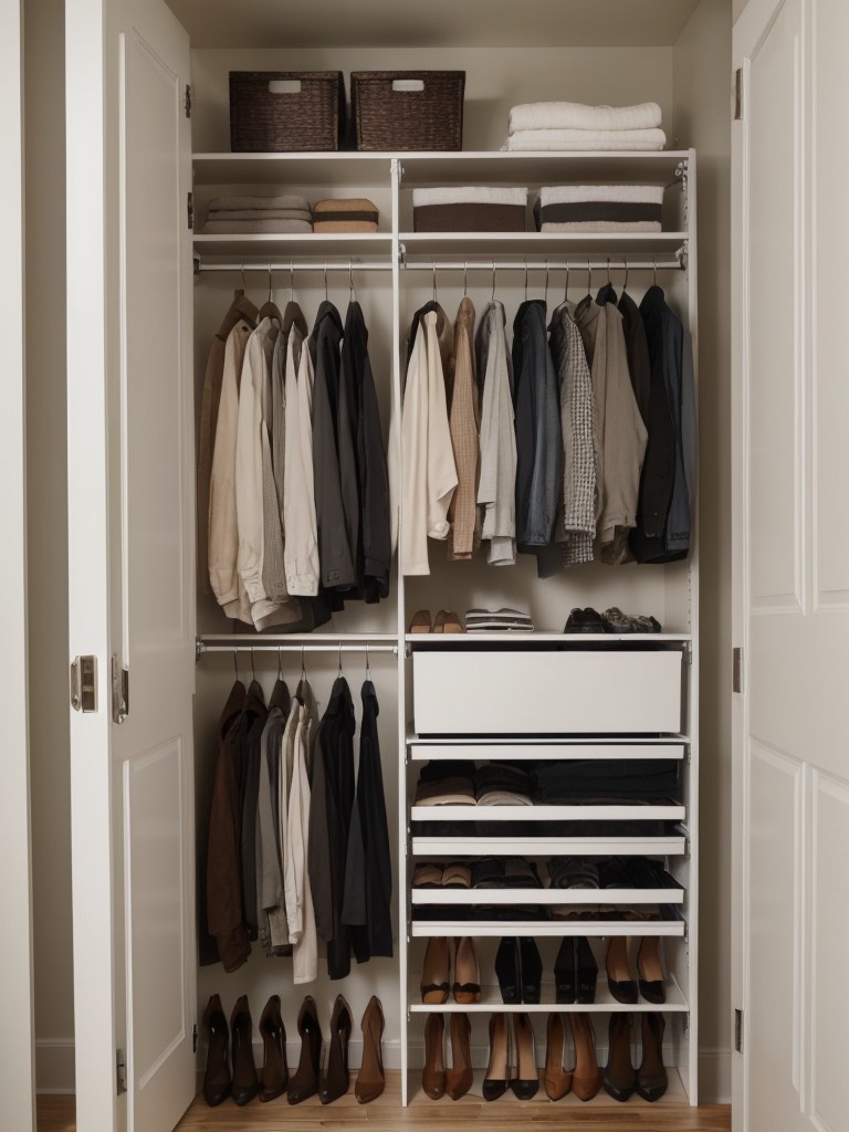 DIY closet organization tips for small apartments, utilizing space-saving hangers, shoe racks, and closet dividers.