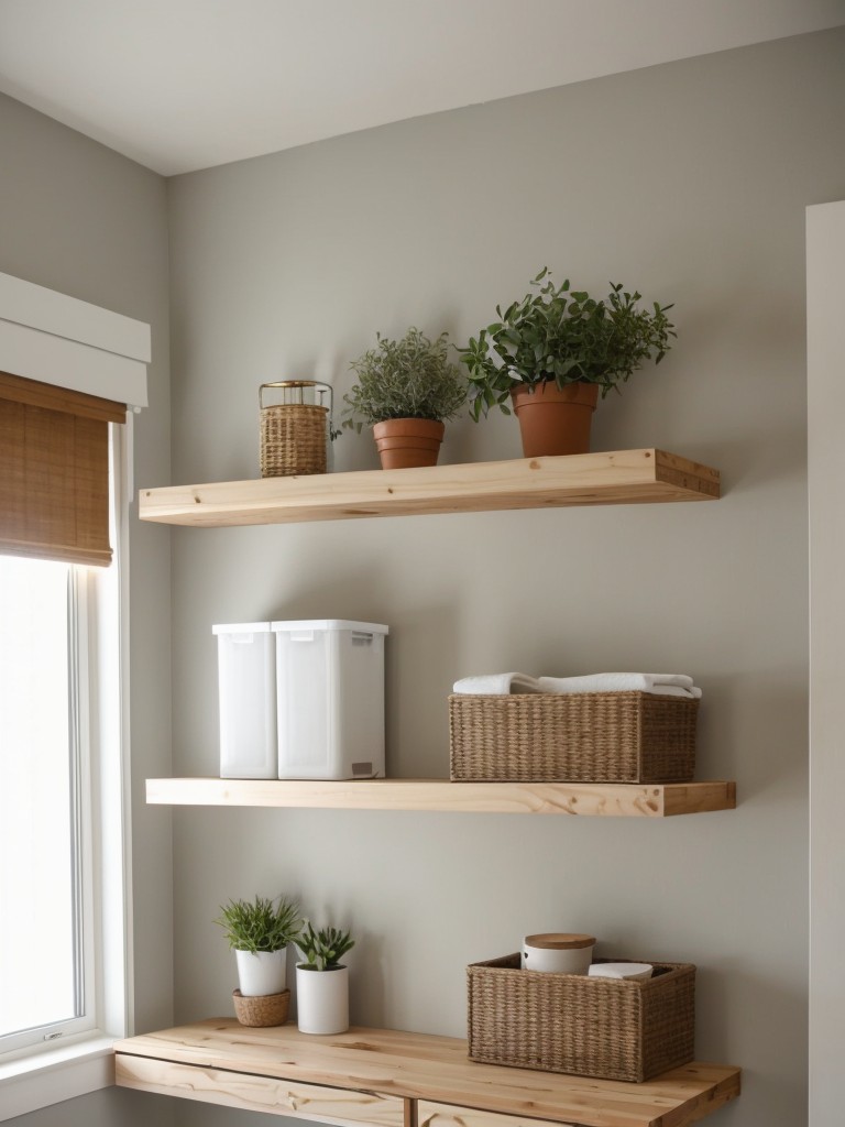 DIY floating shelves and wall-mounted storage units for small apartments, providing extra storage without taking up floor space.