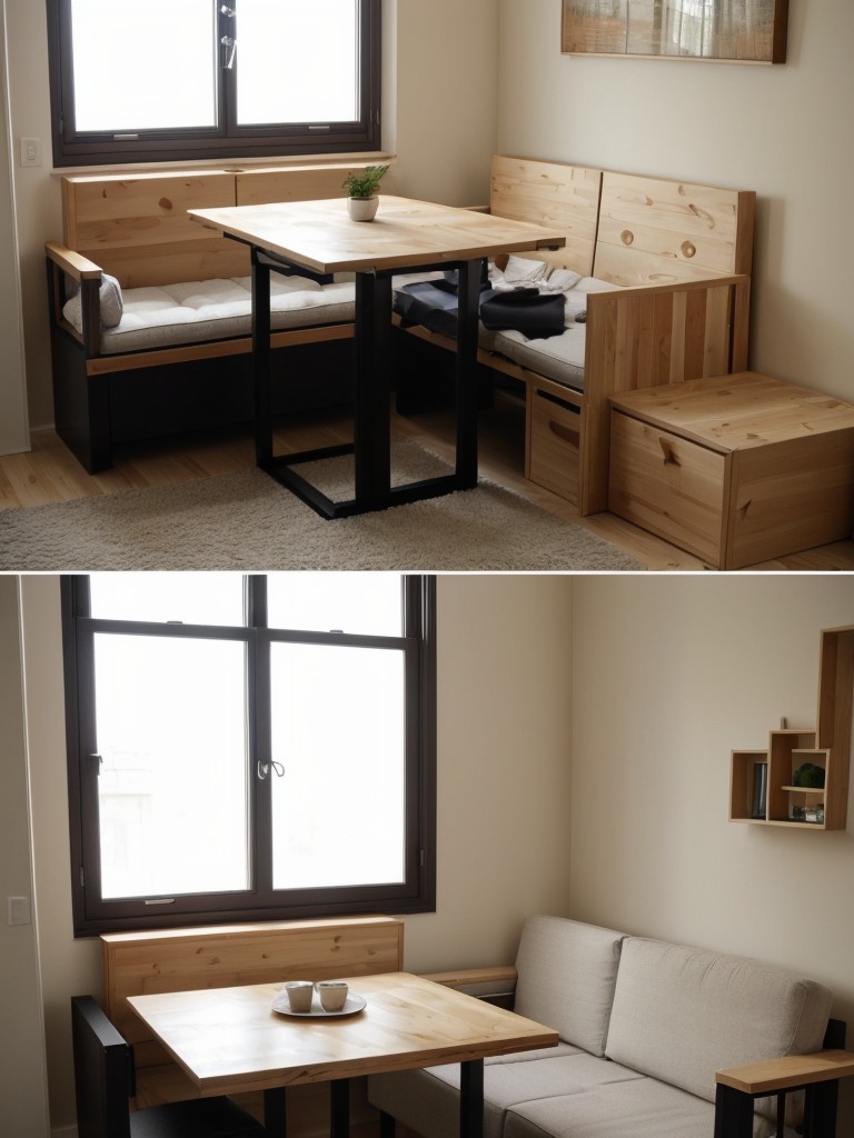 DIY foldable and multipurpose furniture ideas for small apartments, such as a fold-down dining table or a sofa that converts into a guest bed.