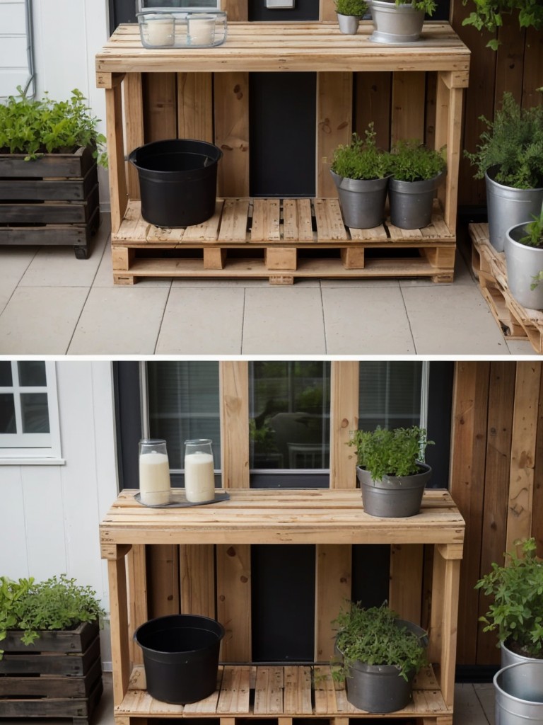 DIY outdoor seating options for small apartment balconies or patios, such as repurposing wooden pallets into benches or using milk crates as stools.