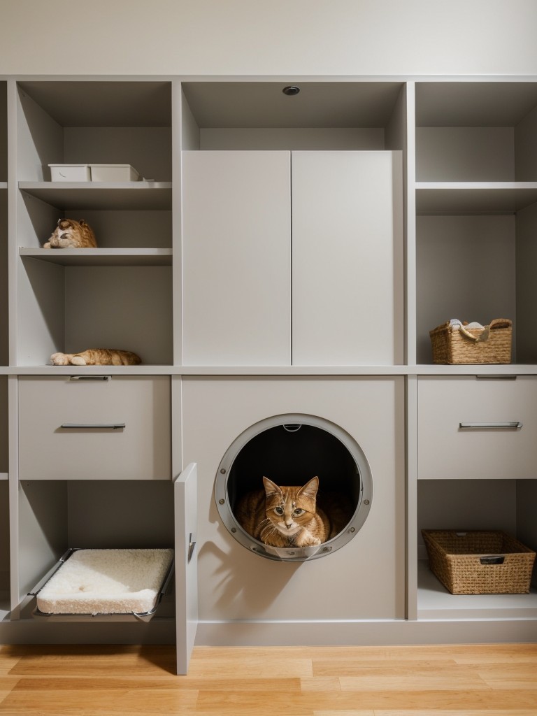 DIY pet-friendly apartment ideas, including hidden cat litter boxes, built-in pet food storage, and hanging toy storage for dogs.