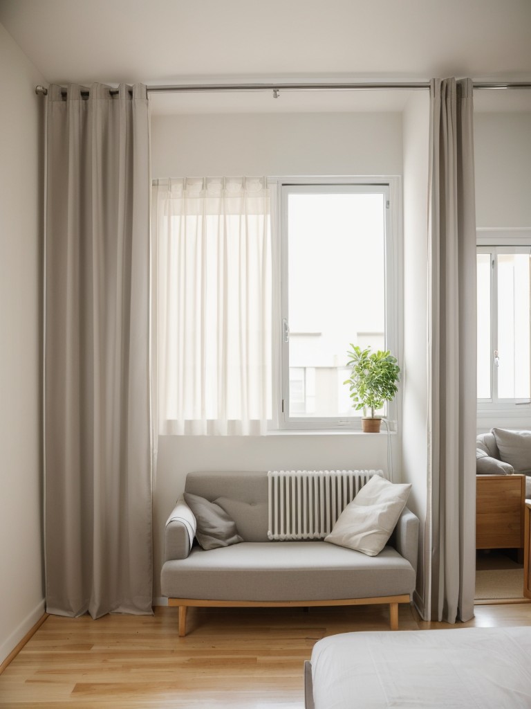 DIY room dividers and curtains to create flexible living spaces in small apartments, allowing for privacy and the illusion of separate rooms.