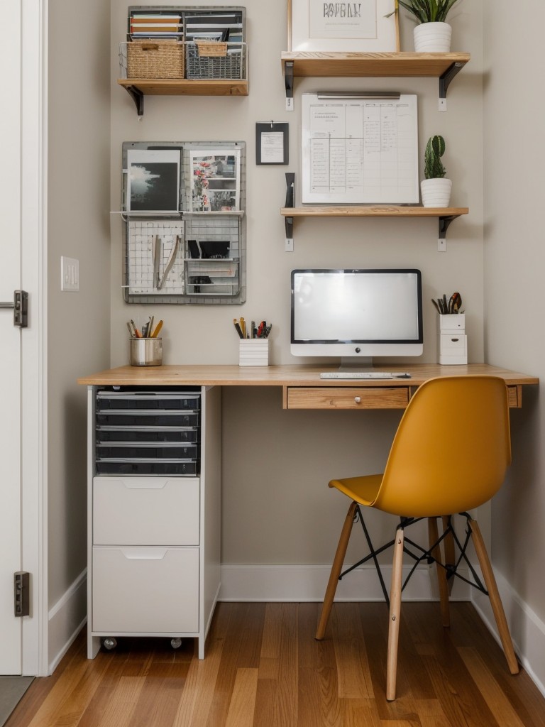 DIY workspace organization ideas for small apartments, incorporating wall-mounted file organizers, desk organizers, and cable management solutions.