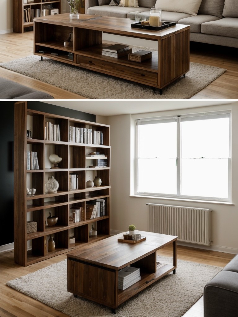 Innovative furniture hacks for small apartments, like transforming a coffee table into a desk or using a bookshelf as a room divider.