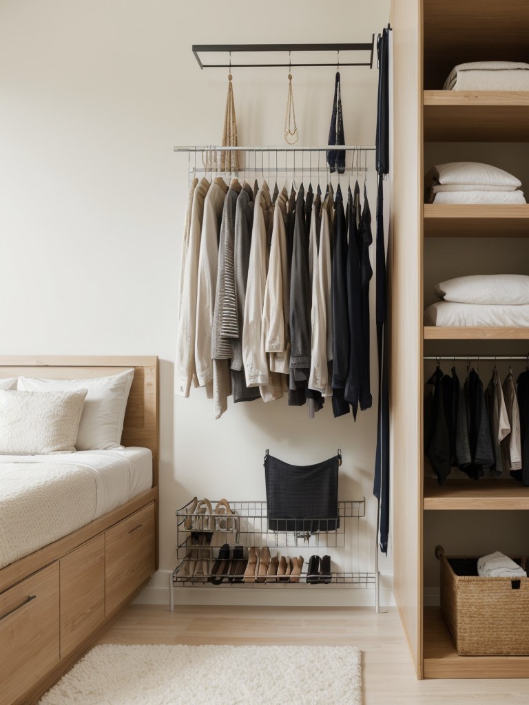 Smart DIY bedroom storage ideas for small apartments, such as bed risers, wall-mounted jewelry organizers, and hanging garment racks.