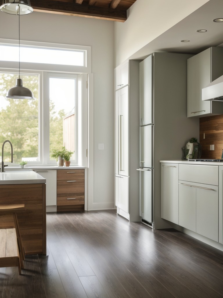 Integrate sustainable materials and green design elements, such as eco-friendly flooring or energy-efficient appliances, to create an environmentally conscious living space.