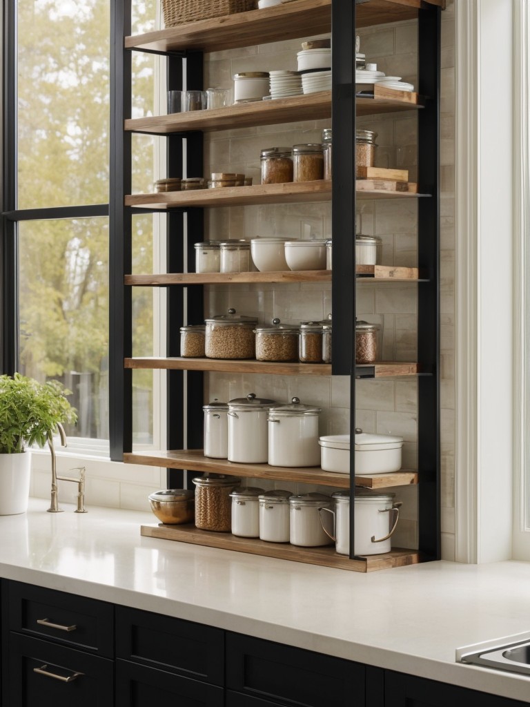 Opt for open shelving or wall-mounted storage units in the kitchen to maximize space and display stylish cookware or decorative items.