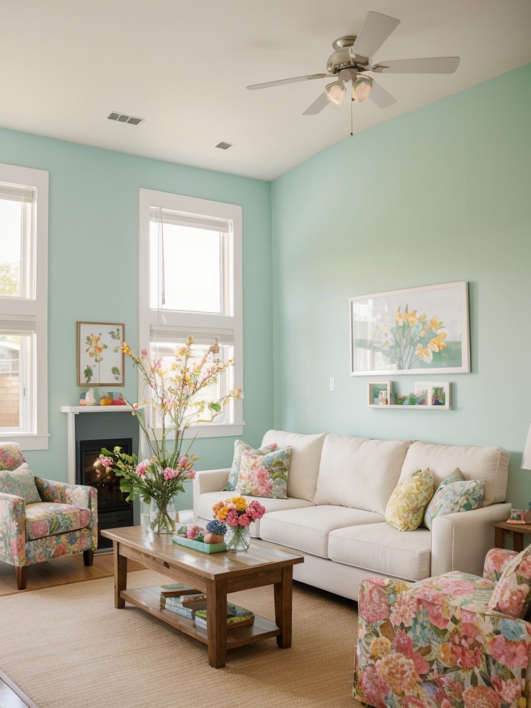 Create an Easter-inspired communal space with vibrant spring colors, floral decorations, and a cozy seating area for community members to enjoy.