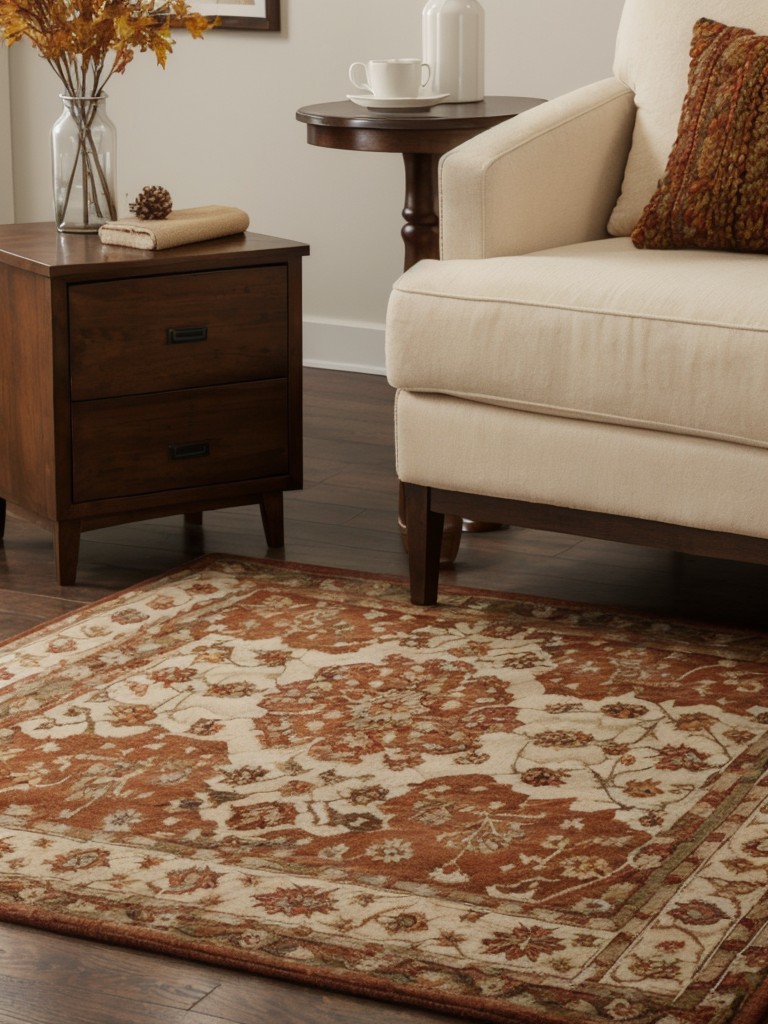 Add cozy rugs in autumnal colors and patterns to provide warmth and comfort underfoot during the chilly fall days.