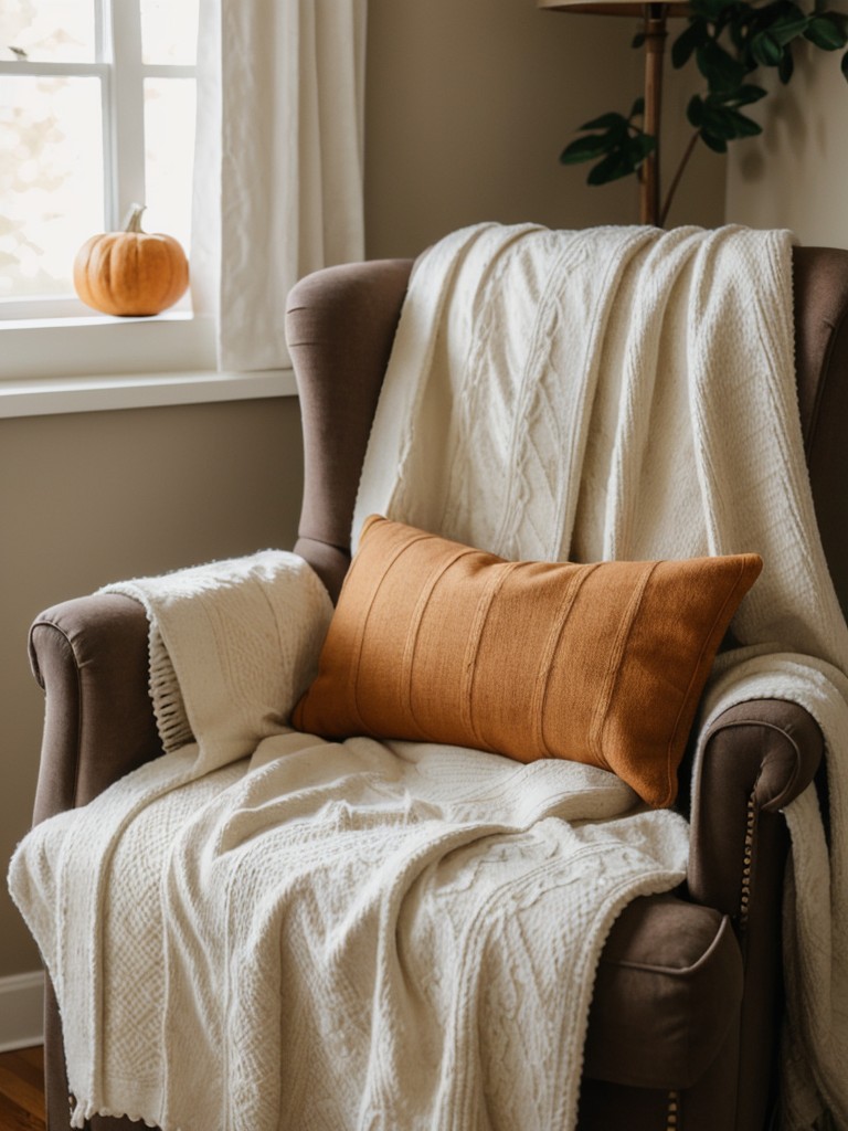 Arrange a cozy reading nook with a comfy chair, fall-themed blankets, and a small side table to enjoy your favorite book.