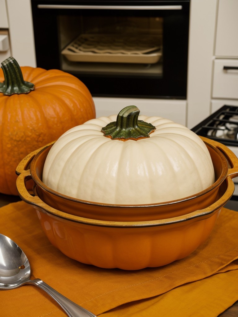 Bring out your favorite fall-inspired cookware, such as a decorative soup tureen or a pumpkin-shaped casserole dish, for cooking and serving delightful autumn recipes.