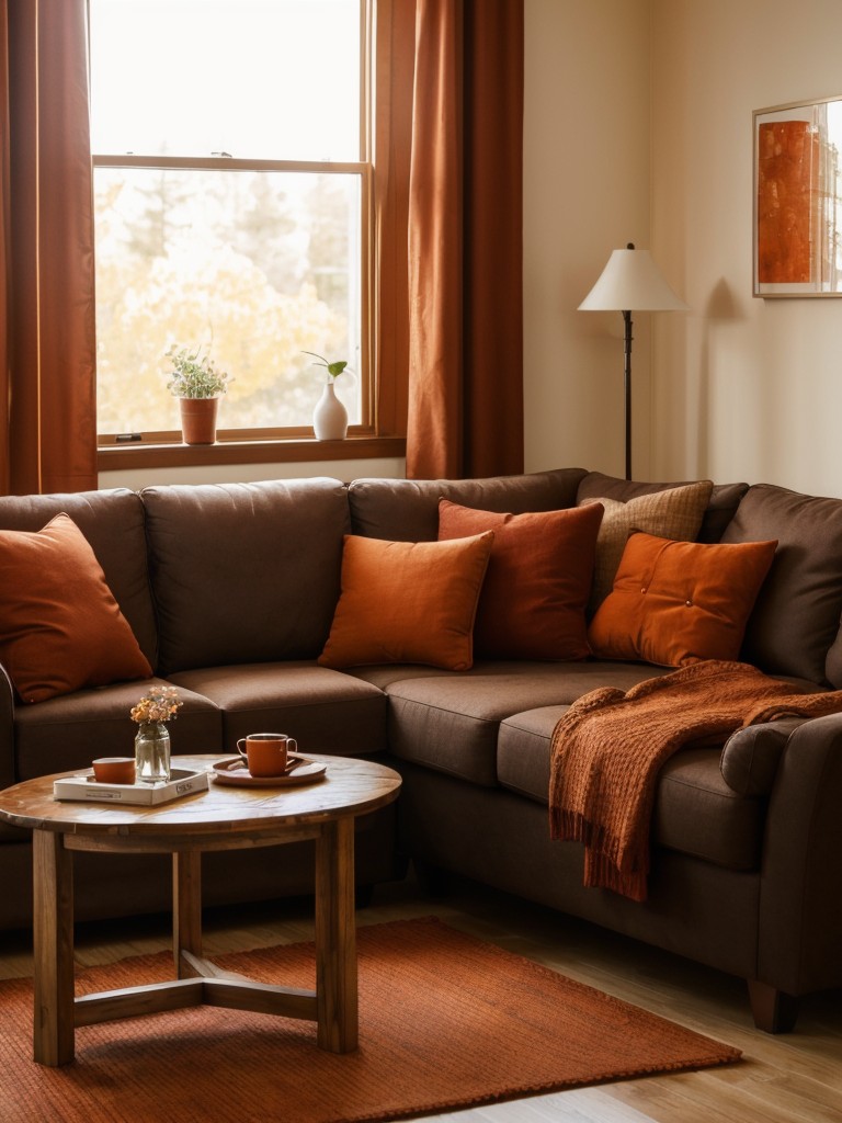 Cozy up your small apartment with a warm color palette of rich oranges, deep browns, and rustic reds.