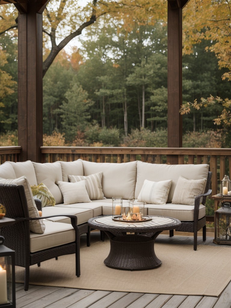 Create a charming outdoor gathering space by arranging patio furniture with cozy cushions and blankets for enjoying the crisp fall weather.