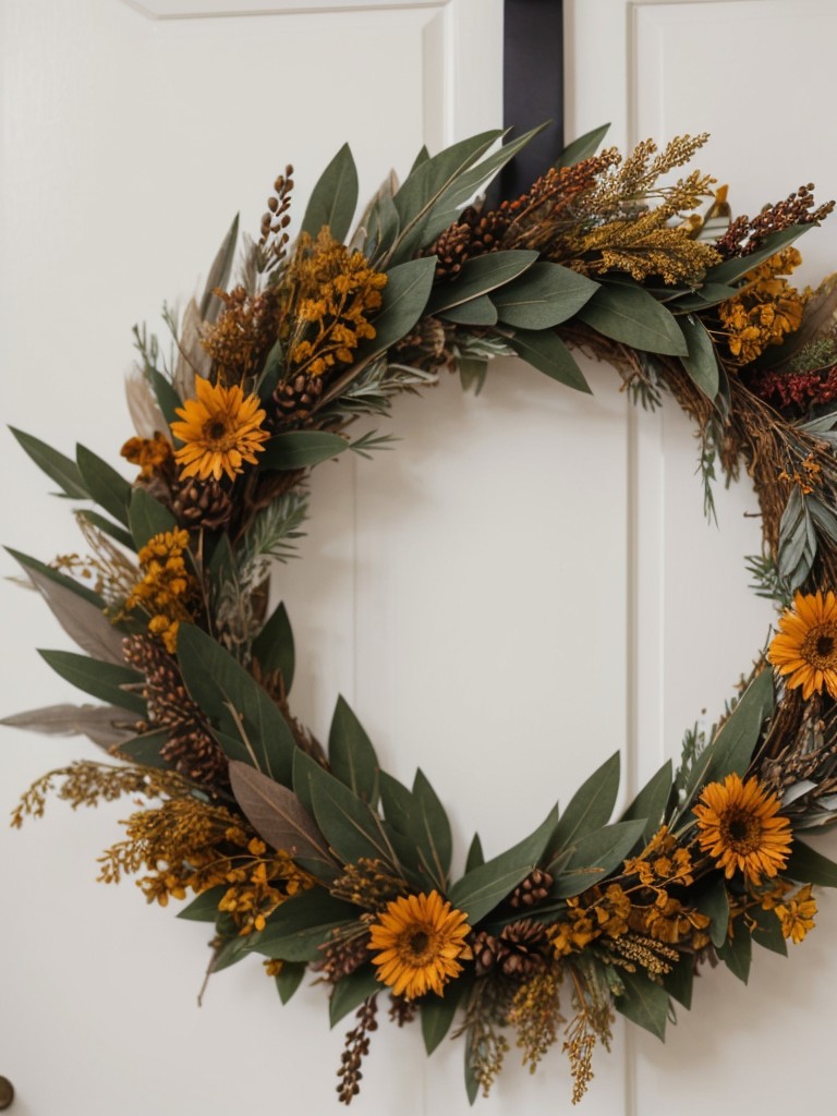 Create a DIY fall-themed wreath using dried flowers, feathers, or colorful foliage for a personalized touch of artistic decor.