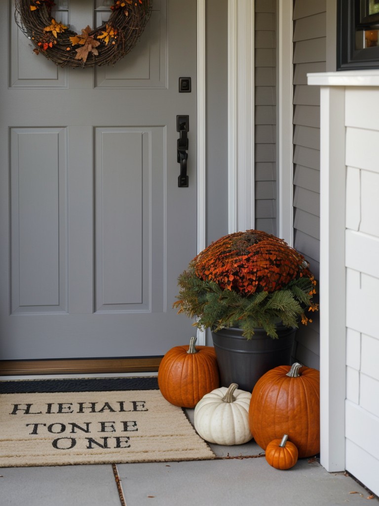 Create an inviting entryway by placing a fall-themed doormat and wreath outside your front door.