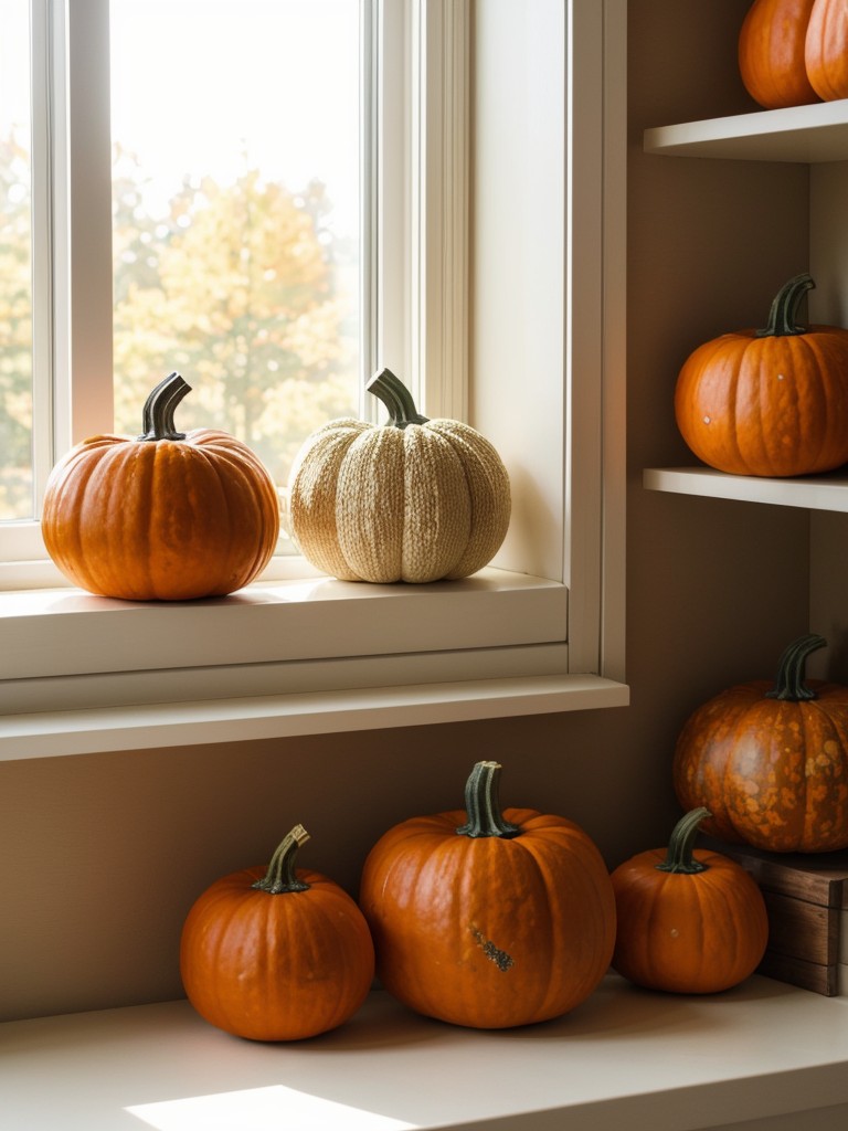 Create a mini pumpkin patch by displaying a variety of colorful pumpkins and gourds on a windowsill or shelf.