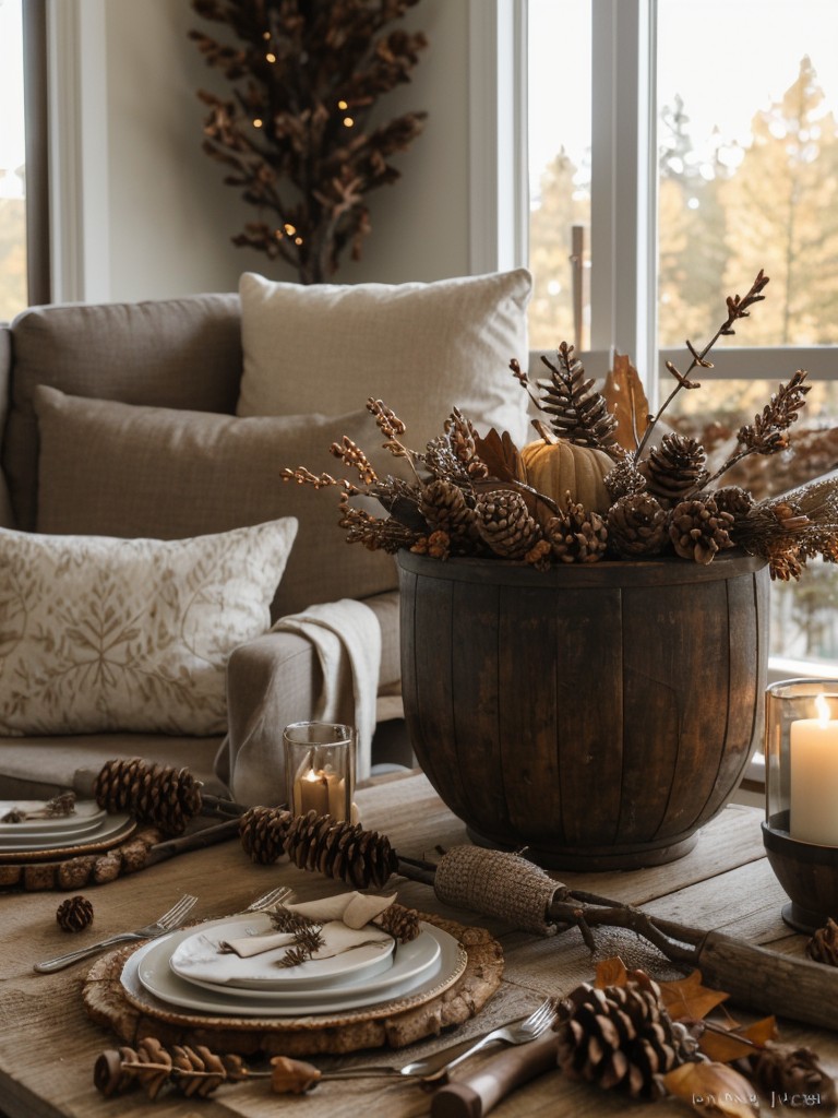 Incorporate natural elements like dried leaves, branches, and pinecones to bring the outdoor beauty of fall inside.