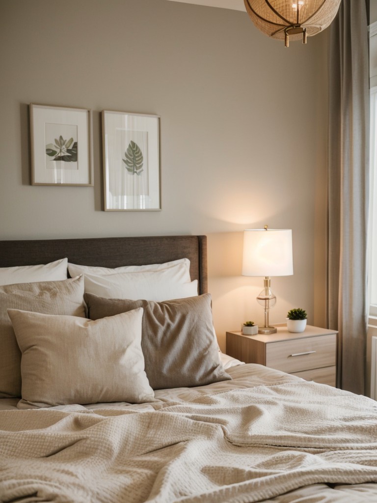 Creating a relaxing and inviting bedroom atmosphere in your first apartment with cozy bedding and soft lighting.