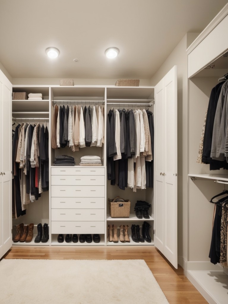 Creative ideas for displaying and organizing your wardrobe in a fashionable way in your first apartment.