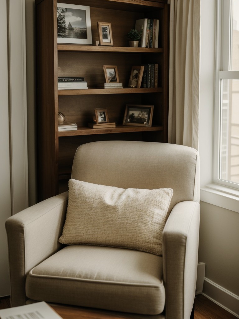 Setting up a cozy reading nook in your first apartment with comfy chairs, soft lighting, and book displays.