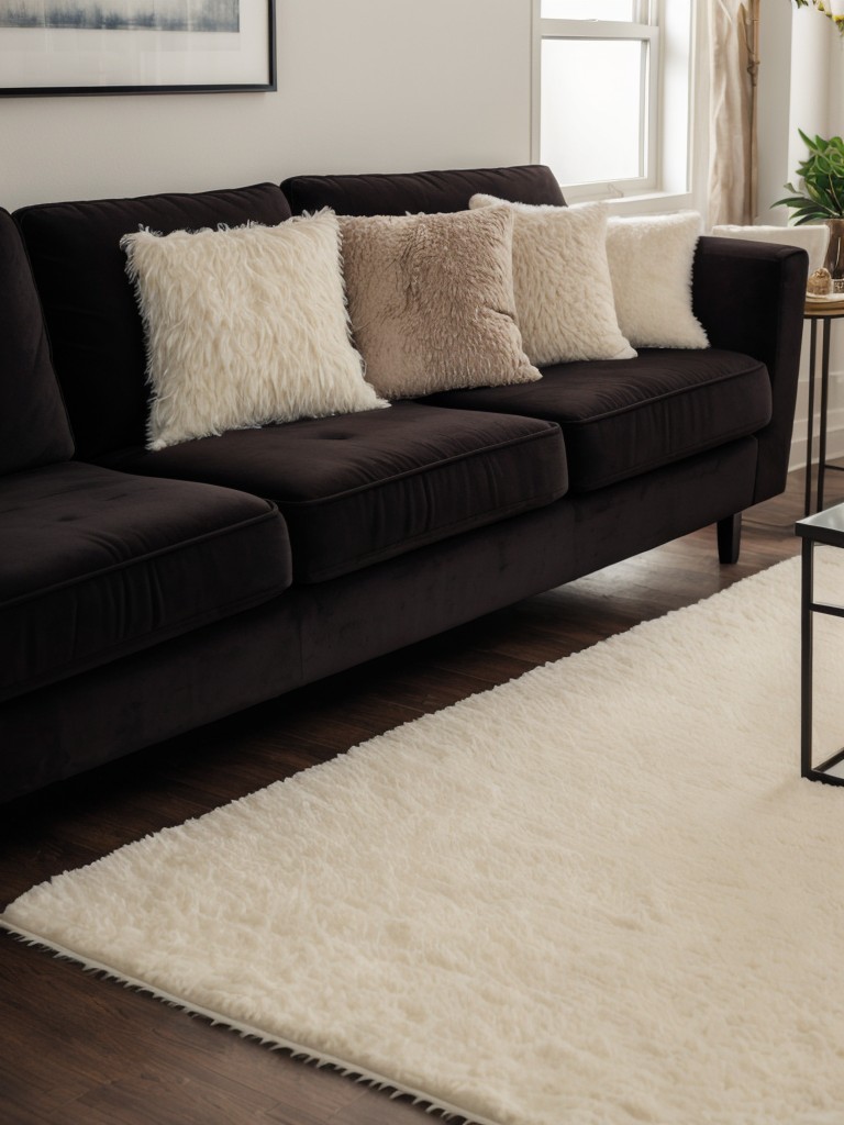 Add soft and plush textures, such as faux fur rugs and velvet pillows, to create a cozy and comfortable atmosphere in your apartment.