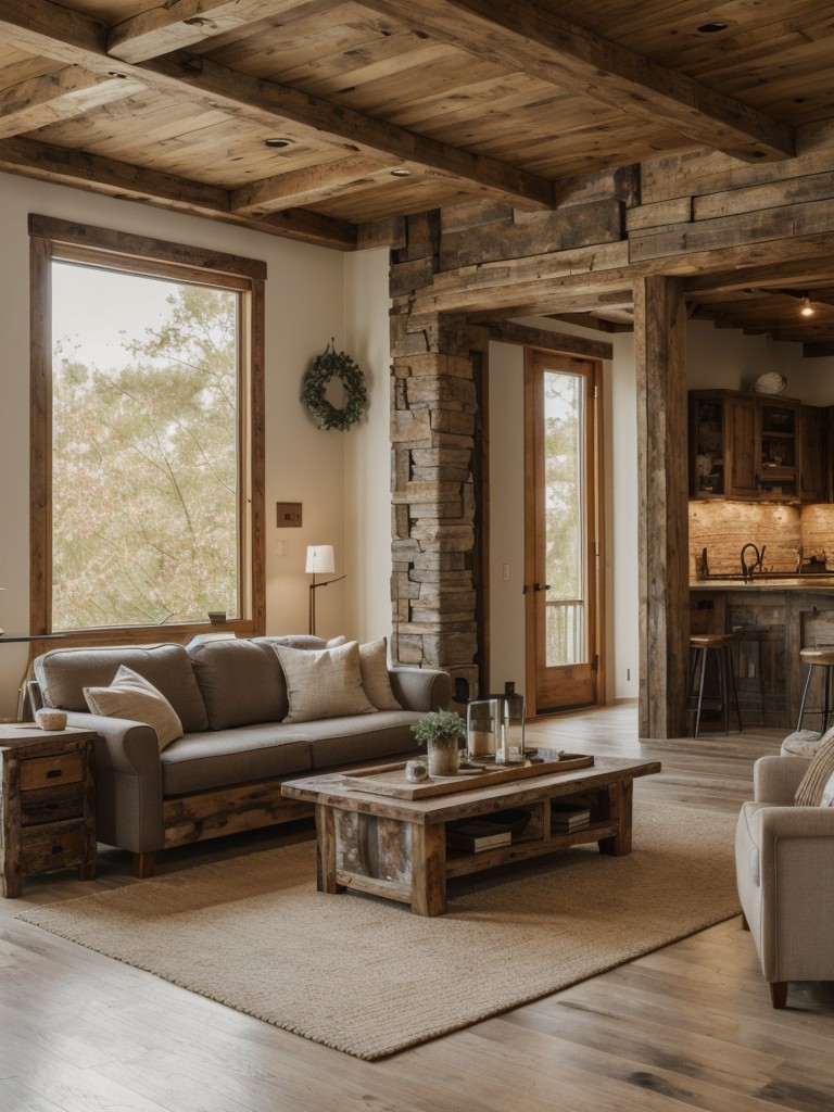 Create a cozy and inviting space in your apartment with rustic furniture, nature-inspired artwork, and organic textures like wood and stone.
