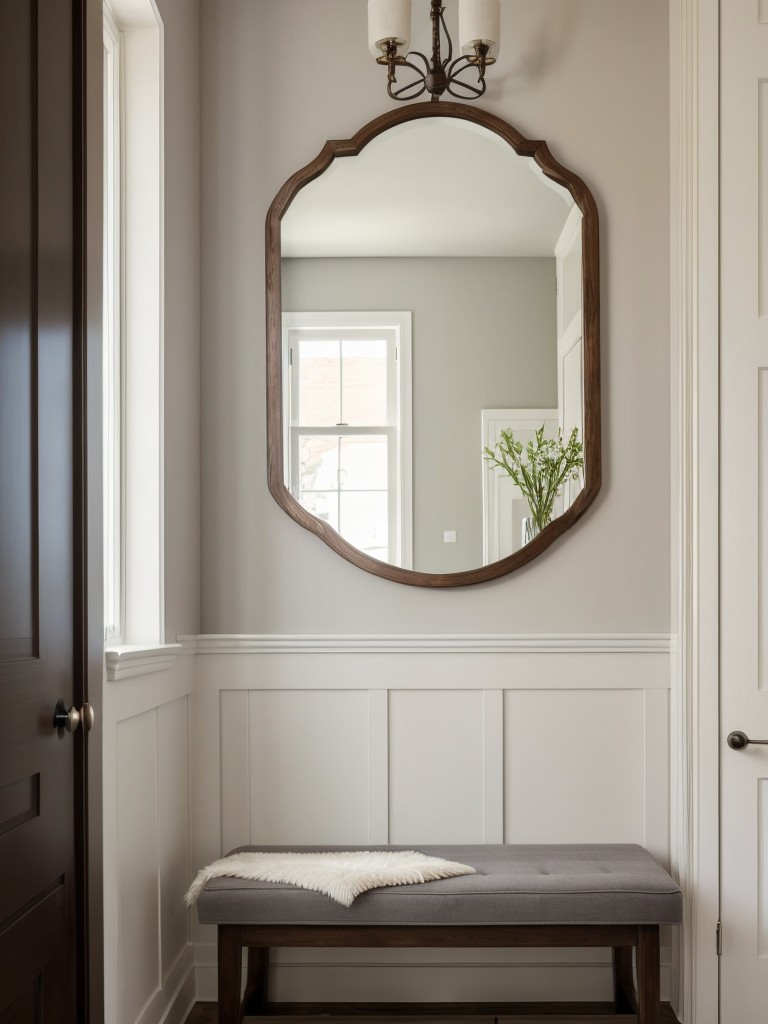 Create an inviting entryway in your apartment by incorporating a statement mirror, a cozy bench or chair, and a stylish coat rack.