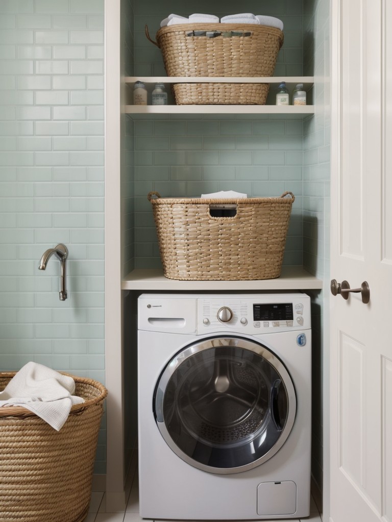Create a stylish laundry area by using patterned tiles, colorful laundry baskets, and practical storage solutions for detergents and cleaning supplies.