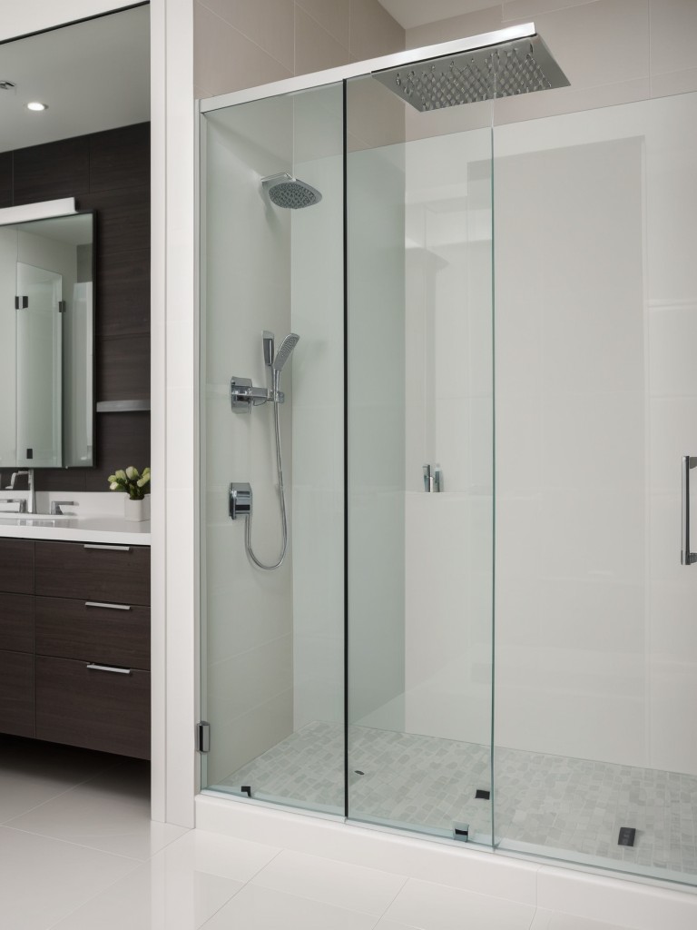 Enhance your bathroom's aesthetic by incorporating sleek and modern fixtures, such as a rainfall showerhead and a freestanding bathtub.