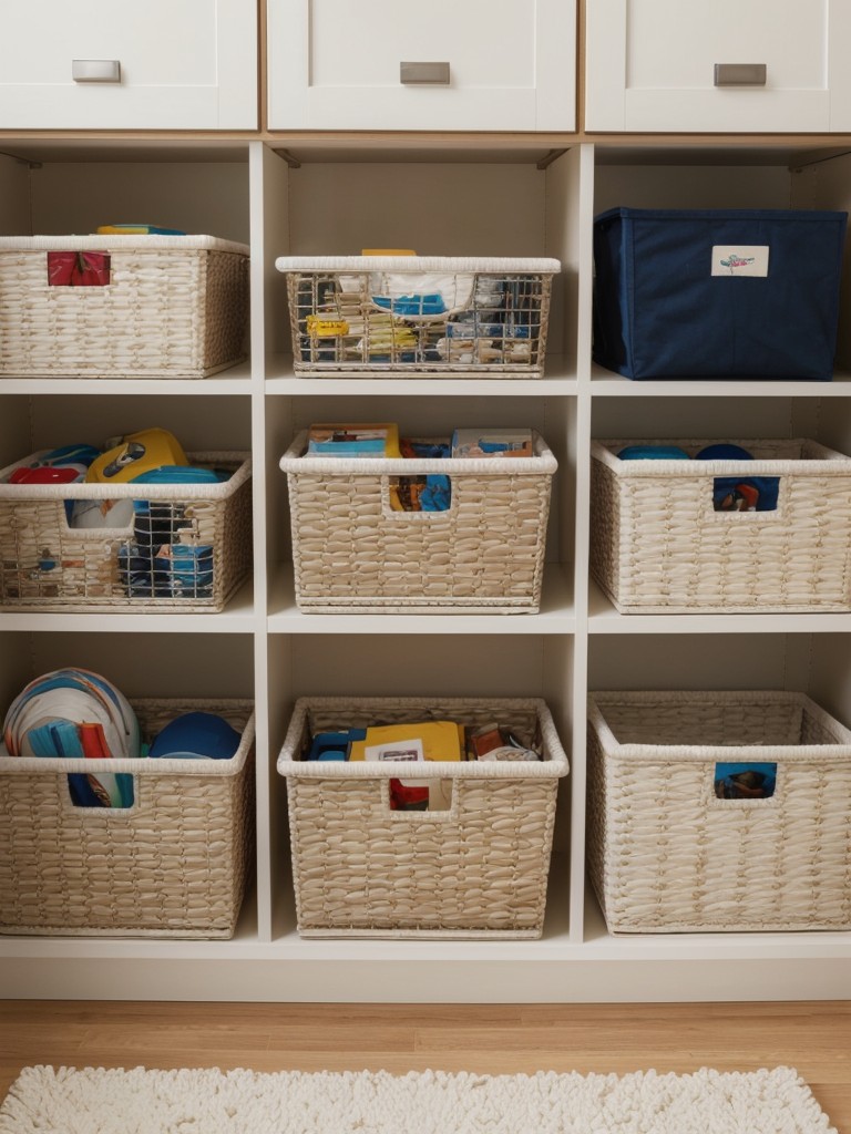 Organize the children's room with functional storage solutions, such as modular shelving units or baskets, to keep the space tidy and clutter-free.