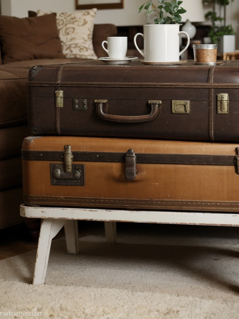 Upcycle and repurpose old and vintage items to give your apartment a unique and nostalgic feel, such as turning an old suitcase into a coffee table