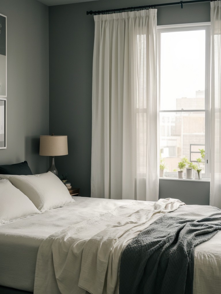 Use a soothing color palette, soft textiles, and blackout curtains to create a calming and peaceful ambiance in your apartment's bedroom.