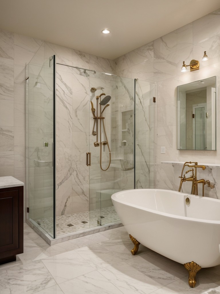 Utilize high-end materials like marble or glass tiles to create a sophisticated and luxurious ambiance in your apartment's bathroom.