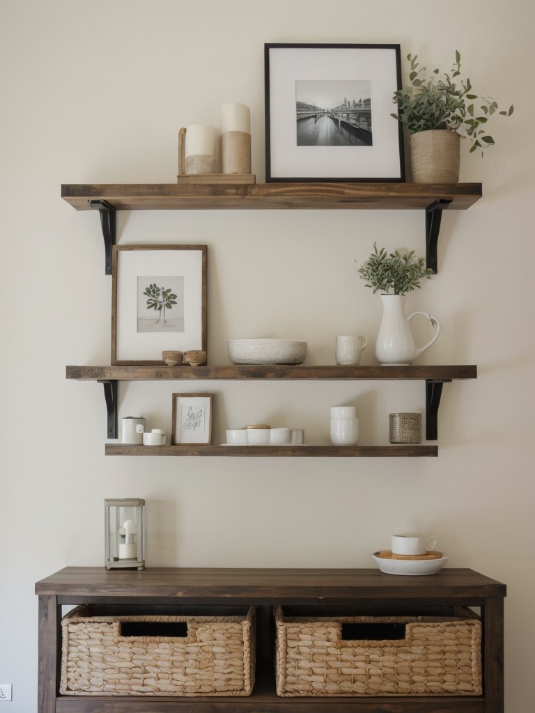 Utilize wall space with floating shelves or a gallery wall to showcase your favorite pieces or create a personal touch.