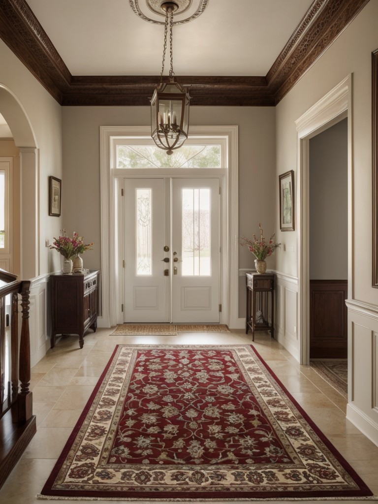 Add a touch of luxury to the foyer with a decorative rug featuring patterns inspired by Indian textiles, such as paisley or ikat.