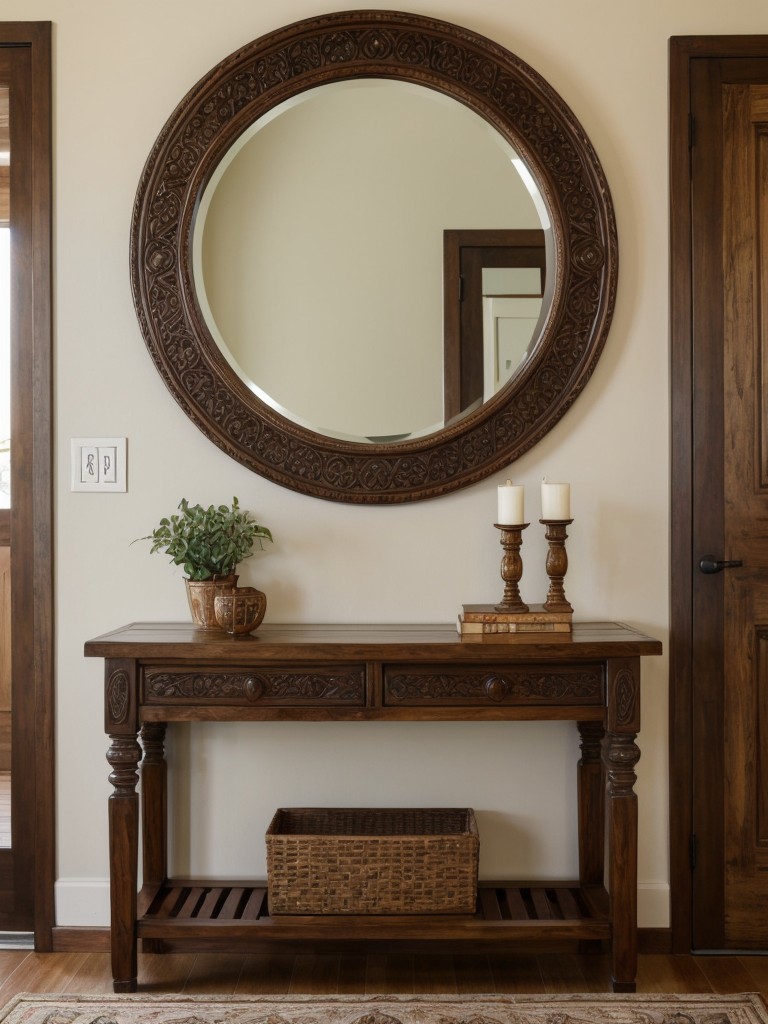 Add a touch of traditional Indian design with a beautifully carved wooden console table and a decorative mirror in the foyer.