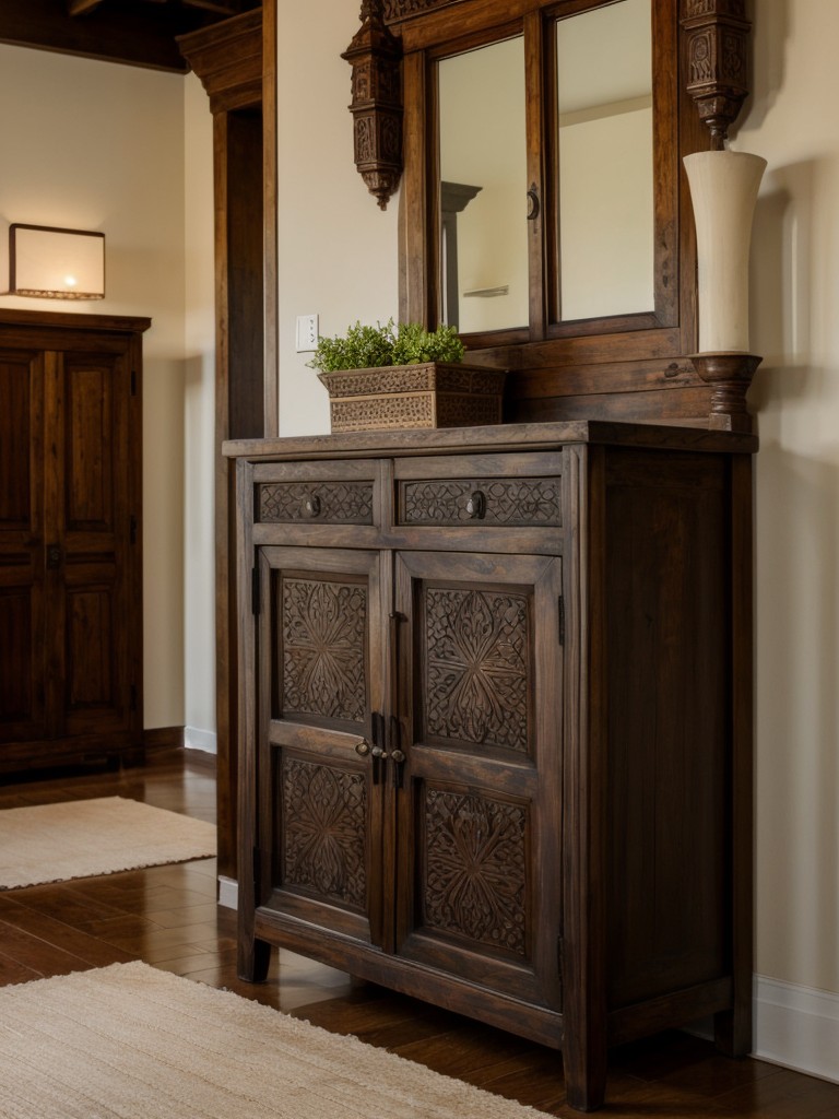 Consider using antique or vintage Indian furniture, like a carved wooden chest or a painted cabinet, to add character and authenticity to the foyer.