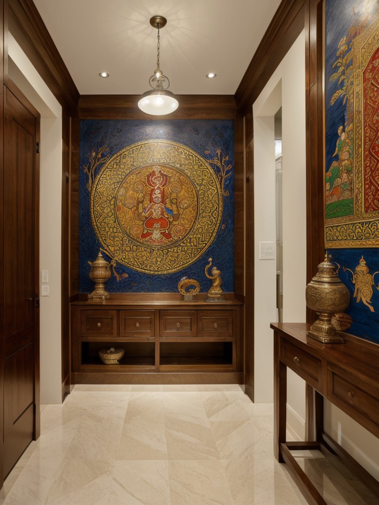 Create a focal point in the foyer with a large intricate wall mural or a hand-painted decorative panel showcasing Indian mythology or cultural traditions.