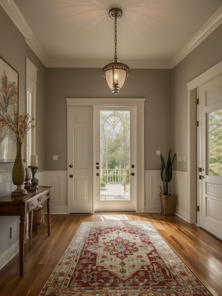 Create a warm and inviting ambiance with a statement pendant light and a colorful rug with intricate patterns in the foyer area.