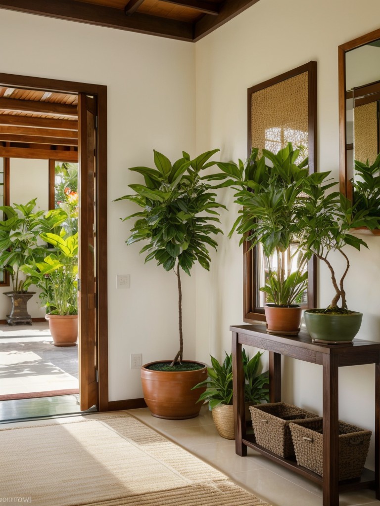 Enhance the Indian theme by adding potted plants, such as peace lilies or bonsai trees, to bring in a touch of nature and tranquility to the entryway.