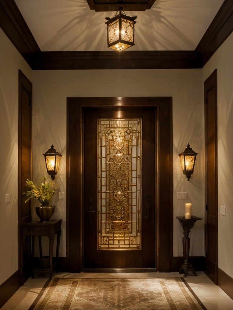 Illuminate the foyer with ambient lighting using wall sconces or decorative lanterns with intricate metalwork that pays homage to Indian craftsmanship.