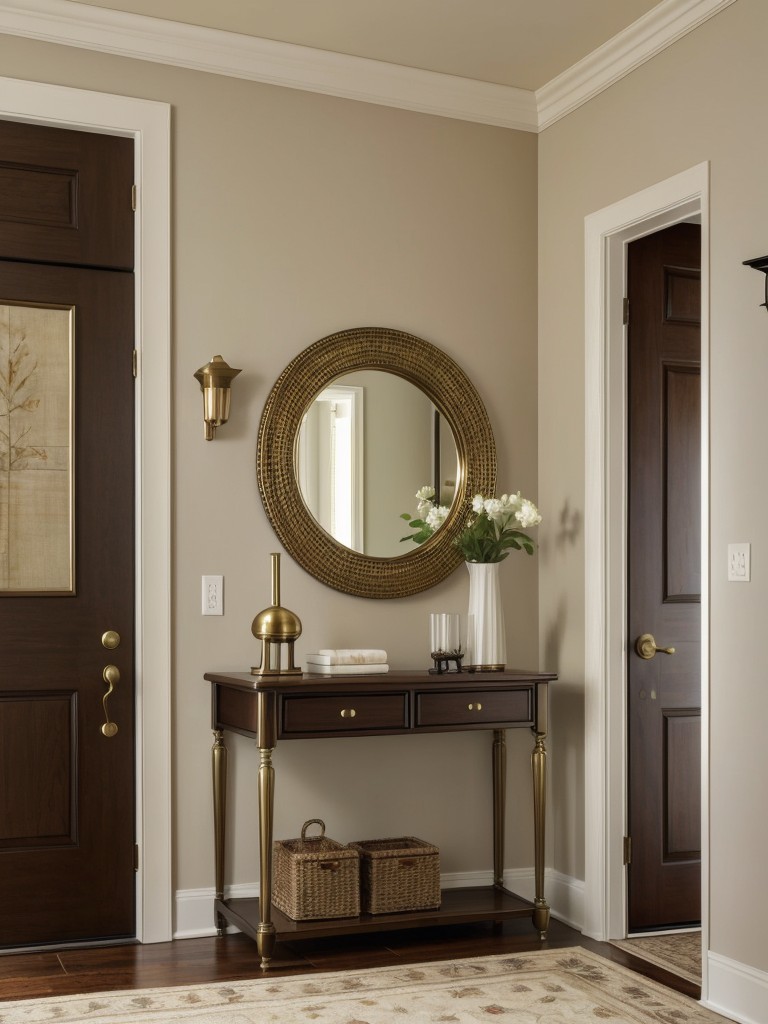 Incorporate a decorative umbrella stand adorned with traditional brass accents to add a functional and visually appealing touch to the foyer.