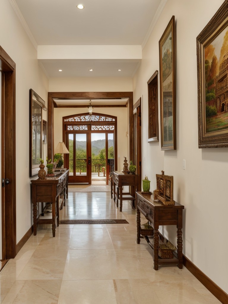 Incorporate elements of Indian art by displaying framed paintings or photographs depicting traditional Indian motifs or scenic landscapes in the foyer.