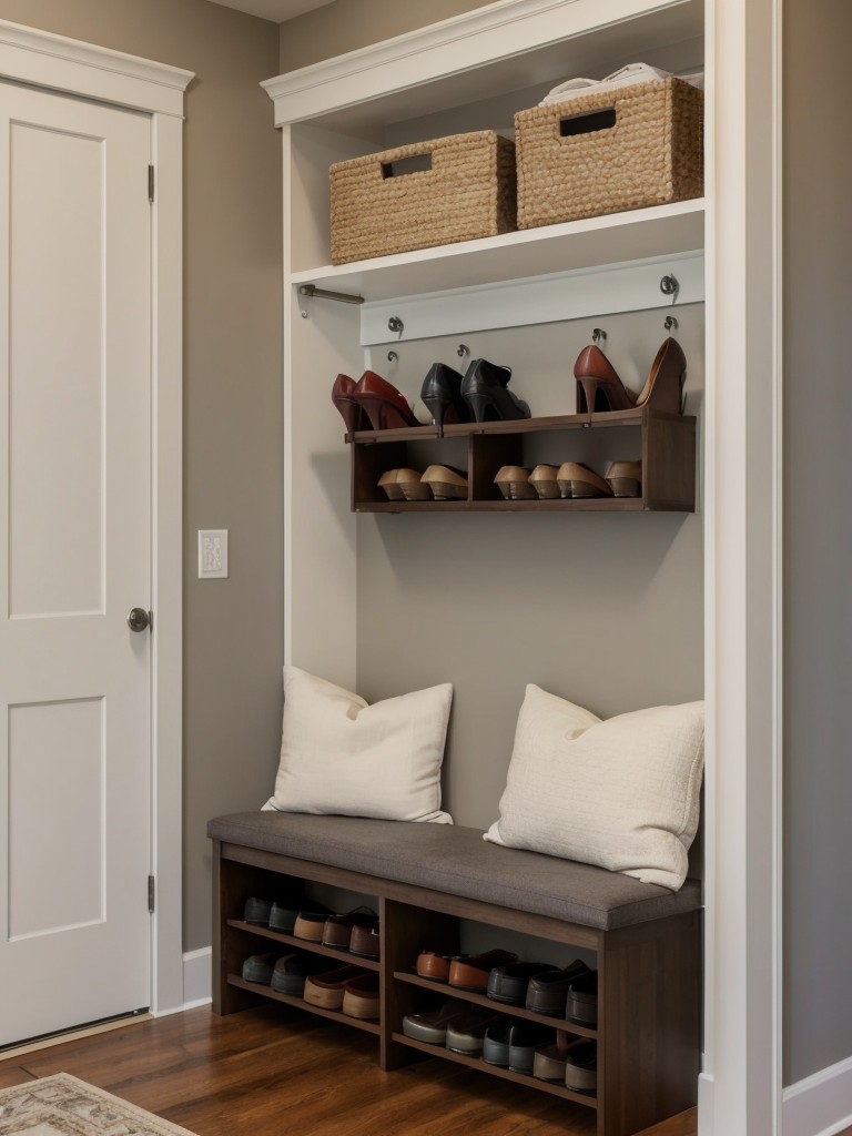 Incorporate storage solutions into the foyer by installing wall-mounted shelves or a stylish shoe rack that doubles as a seating area.