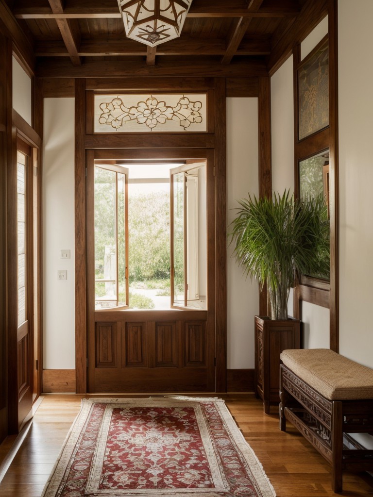 Incorporate a traditional Indian door or carved wooden screen as a partition between the foyer and the living space to add privacy while maintaining an open feel.